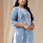 Janasya Regular Cambric Blue Embroidered Round Neck Tunic | Swadesiicart