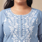 Janasya Regular Cambric Blue Embroidered Round Neck Tunic | Swadesiicart