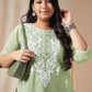 Janasya Regular Cambric Sage Embroidered Round Neck Tunic | Swadesiicart