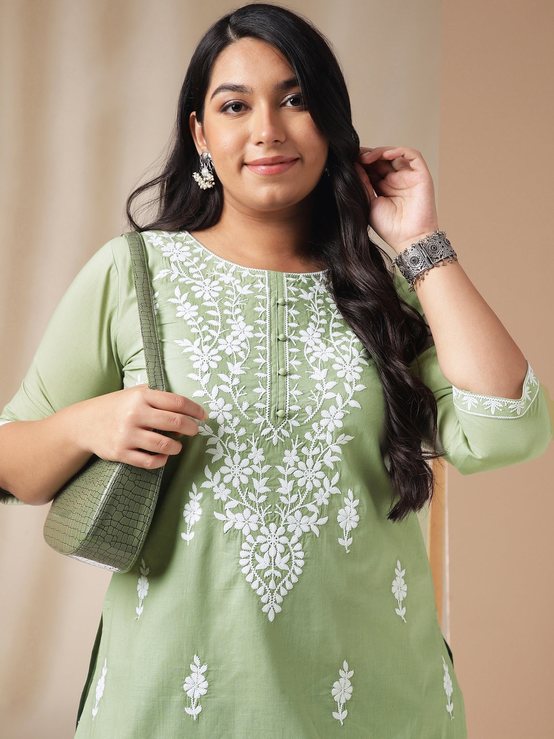 Janasya Regular Cambric Sage Embroidered Round Neck Tunic | Swadesiicart