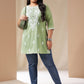 Janasya Regular Cambric Sage Embroidered Round Neck Tunic | Swadesiicart