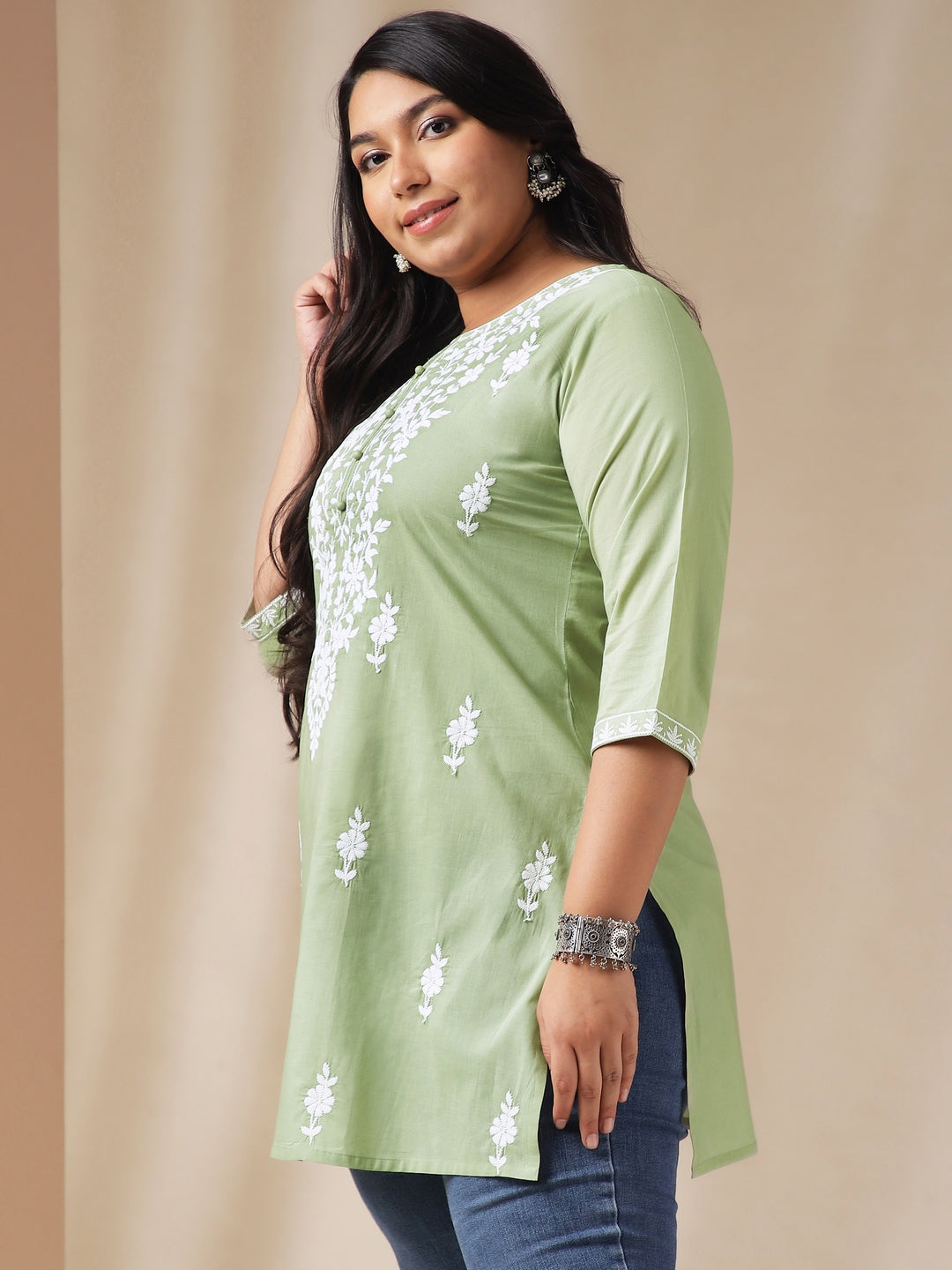 Janasya Regular Cambric Sage Embroidered Round Neck Tunic | Swadesiicart