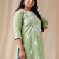 Janasya Regular Cambric Sage Embroidered Round Neck Tunic | Swadesiicart