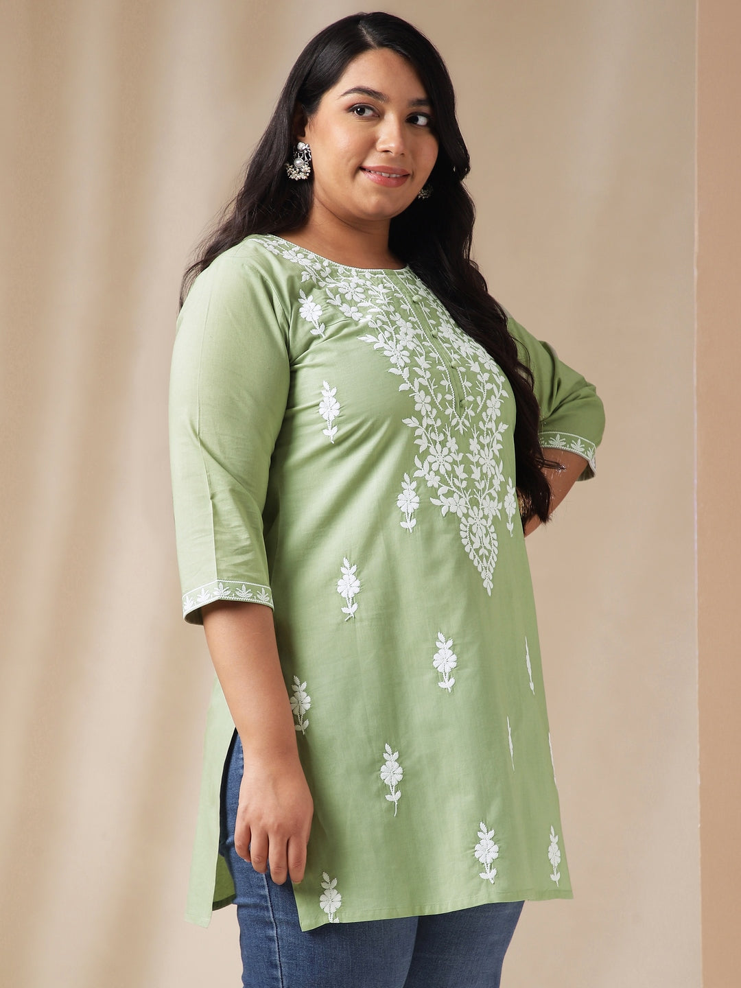 Janasya Regular Cambric Sage Embroidered Round Neck Tunic | Swadesiicart