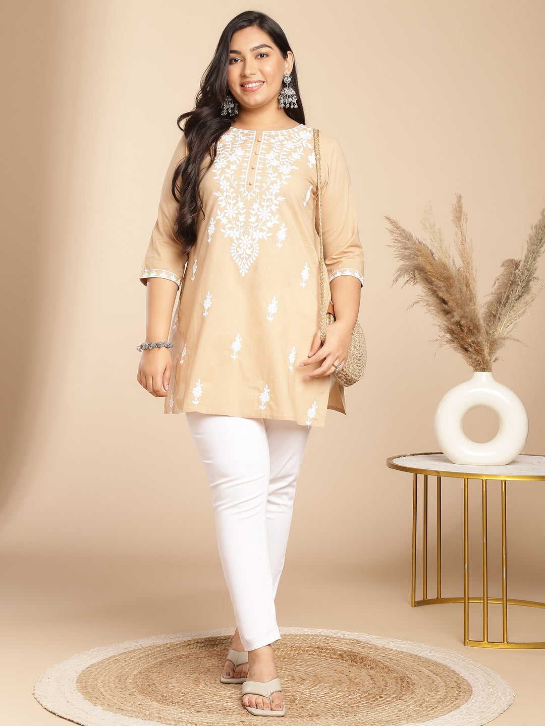 Janasya Straight Cambric Cream Embroidered Round Neck Tunic | Swadesiicart