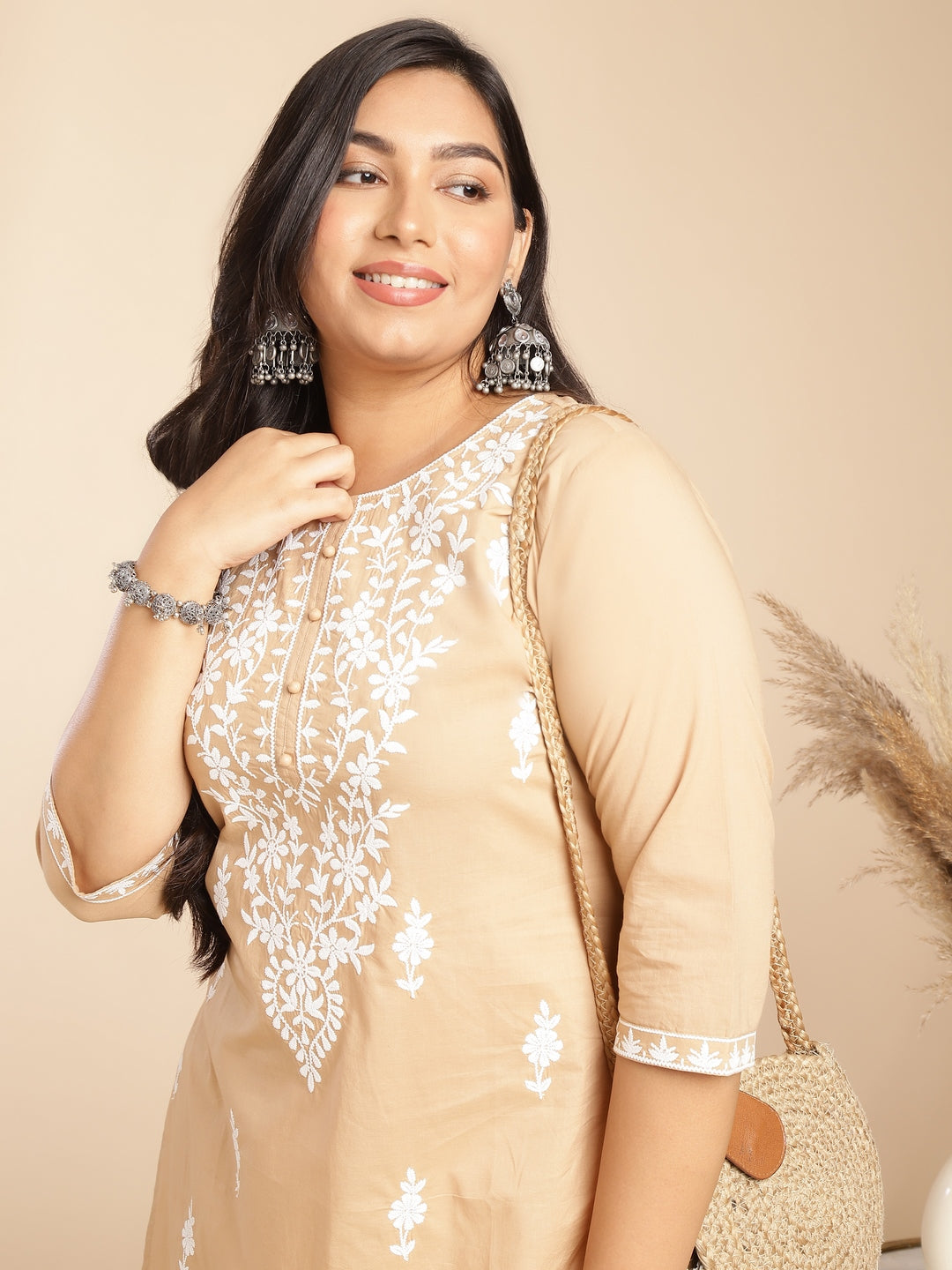 Janasya Straight Cambric Cream Embroidered Round Neck Tunic | Swadesiicart
