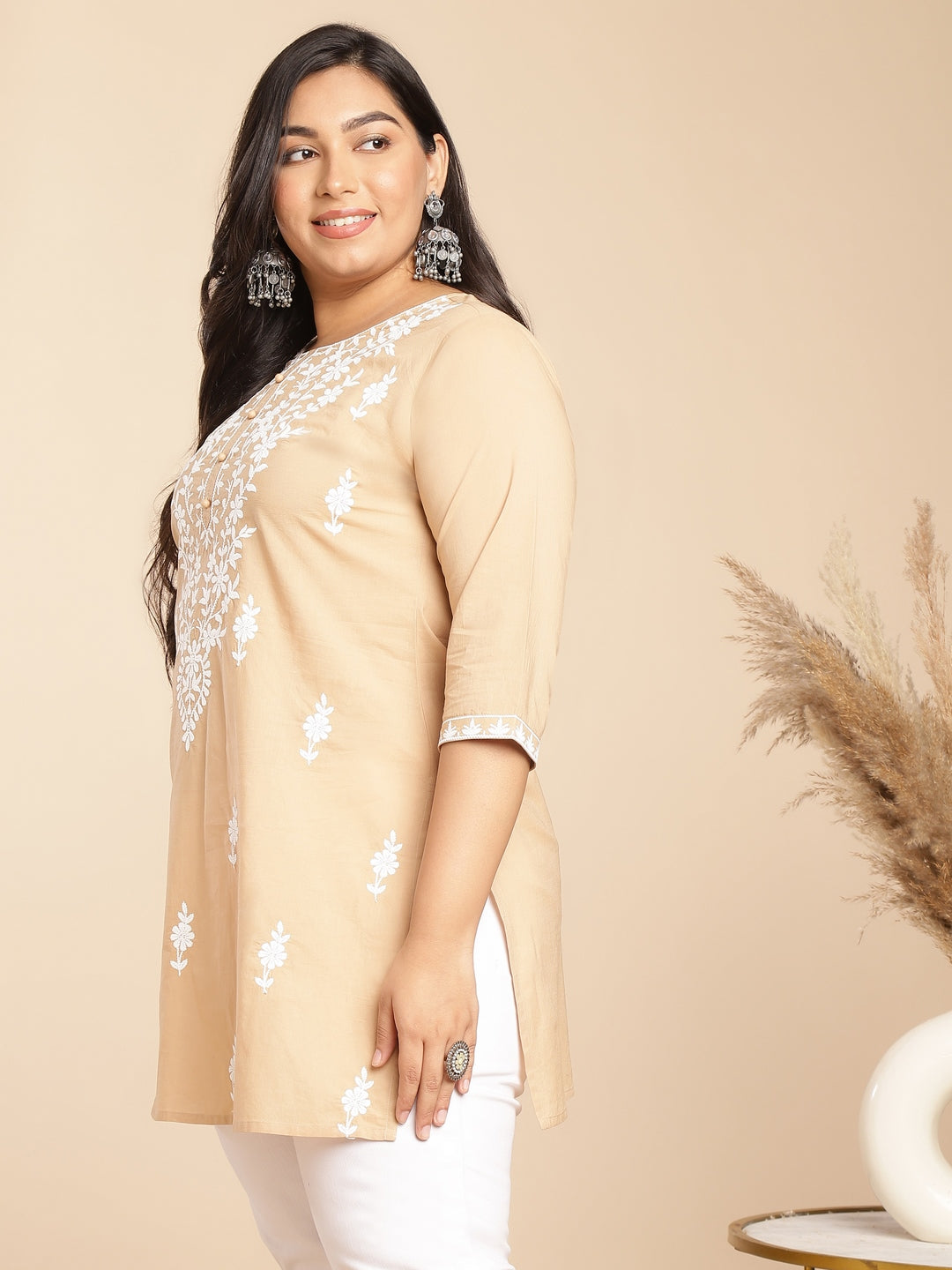 Janasya Straight Cambric Cream Embroidered Round Neck Tunic | Swadesiicart