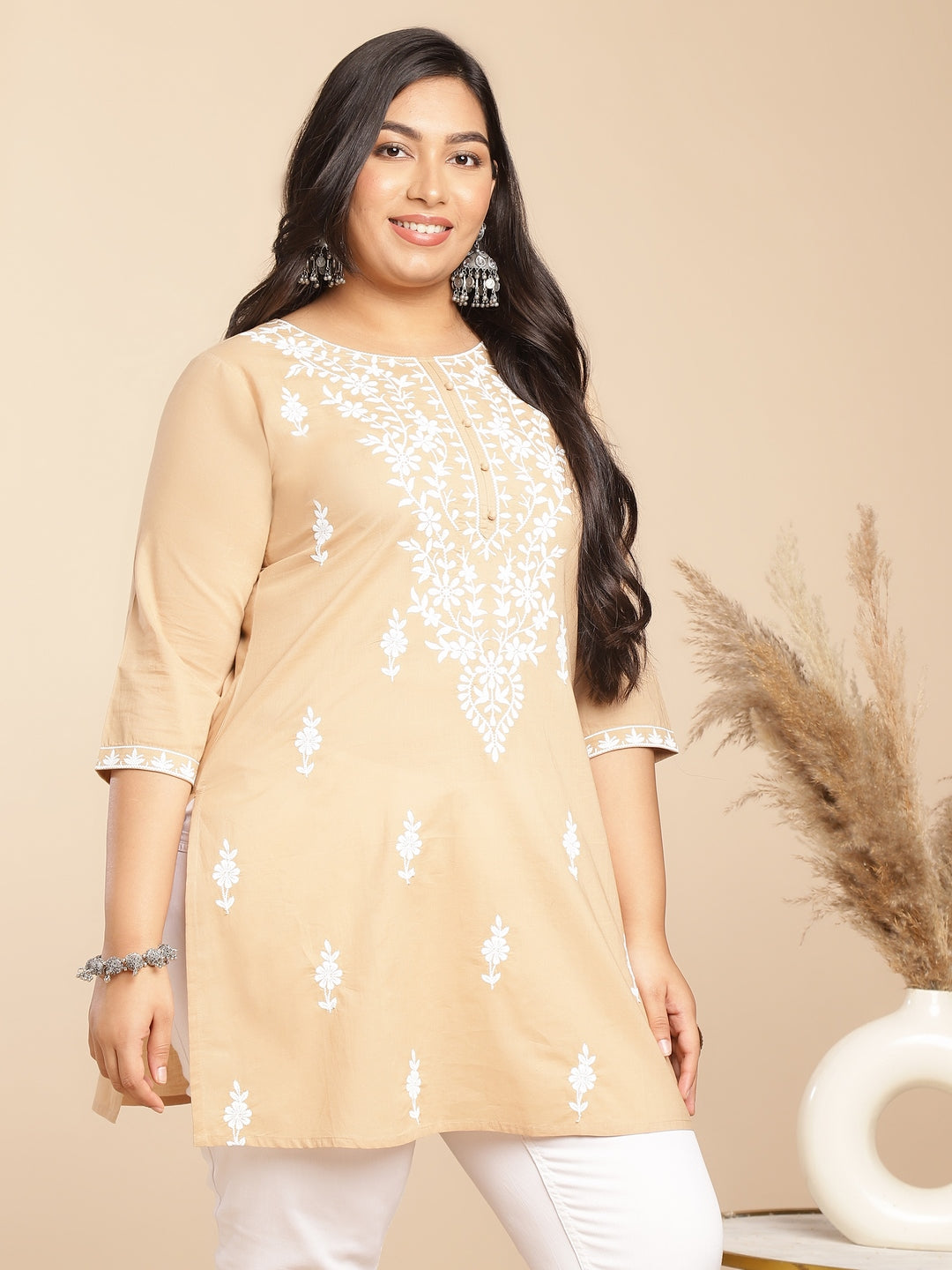 Janasya Straight Cambric Cream Embroidered Round Neck Tunic | Swadesiicart