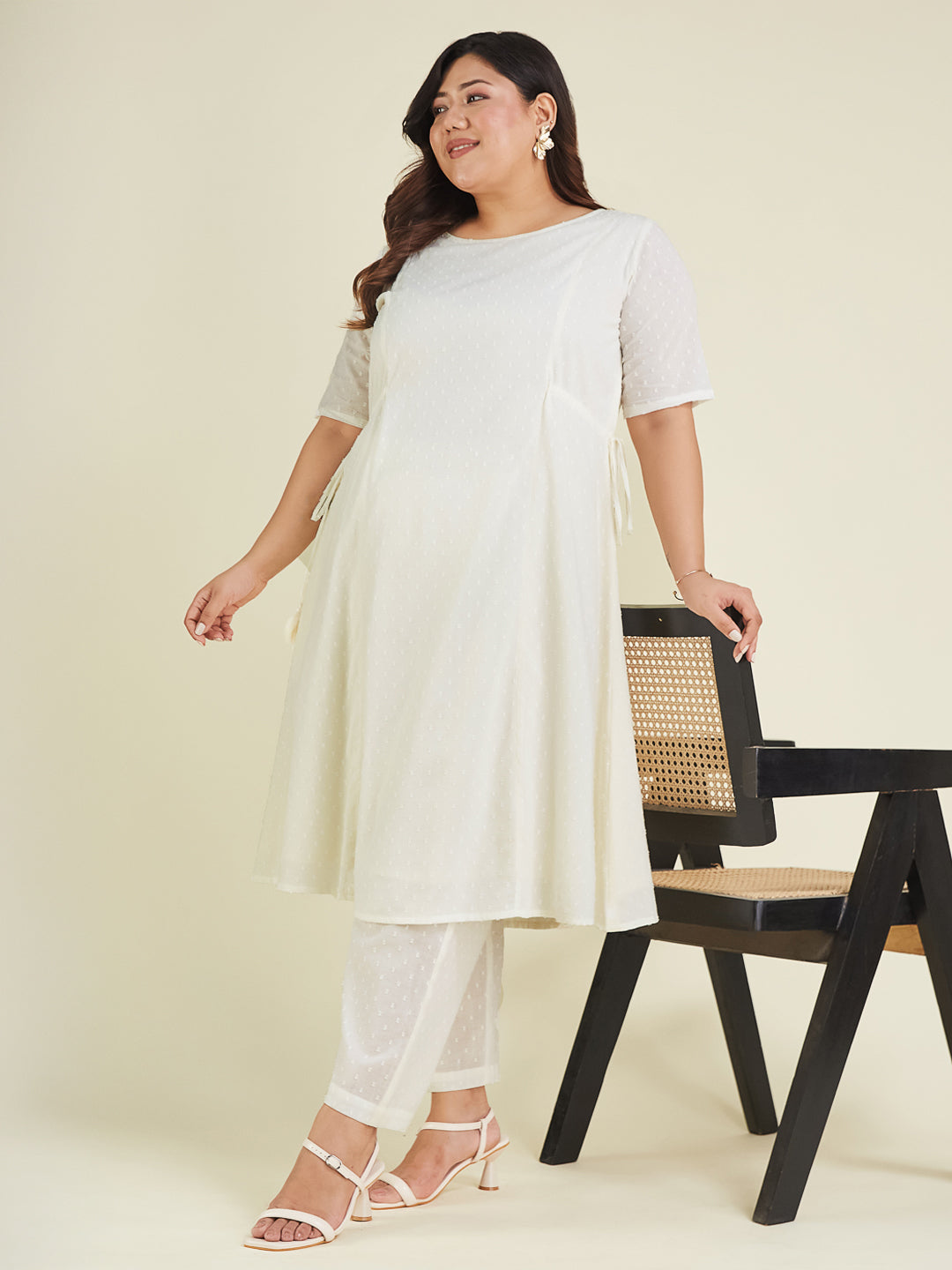 Janasya Light Dobby Cotton Self Design A-Line Kurta Set | Swadesiicart