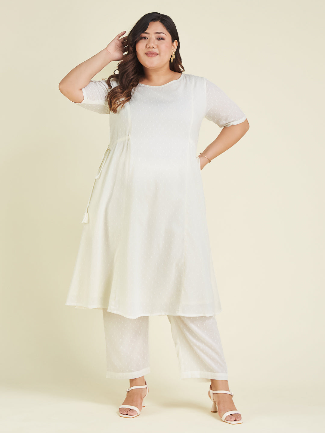 Janasya Light Dobby Cotton Self Design A-Line Kurta Set | Swadesiicart