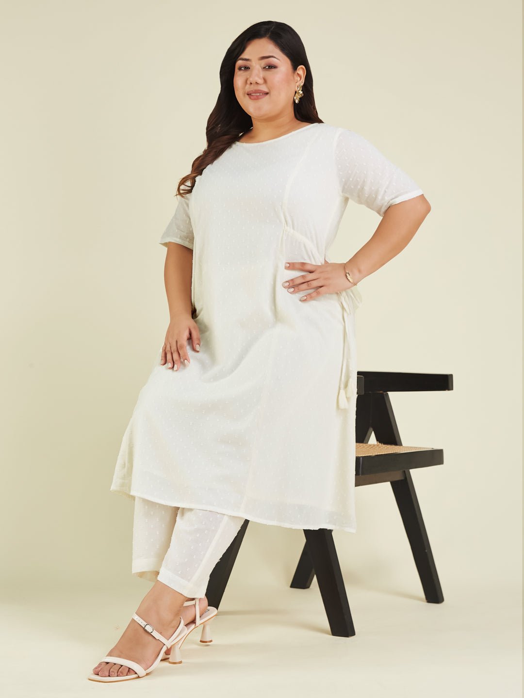 Janasya Light Dobby Cotton Self Design A-Line Kurta Set | Swadesiicart
