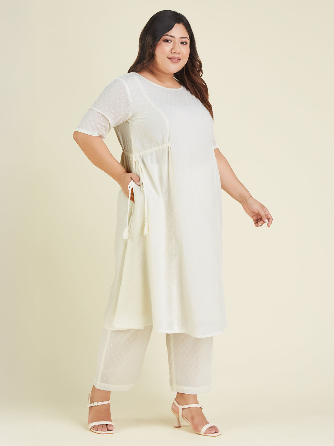Janasya Light Dobby Cotton Self Design A-Line Kurta Set | Swadesiicart
