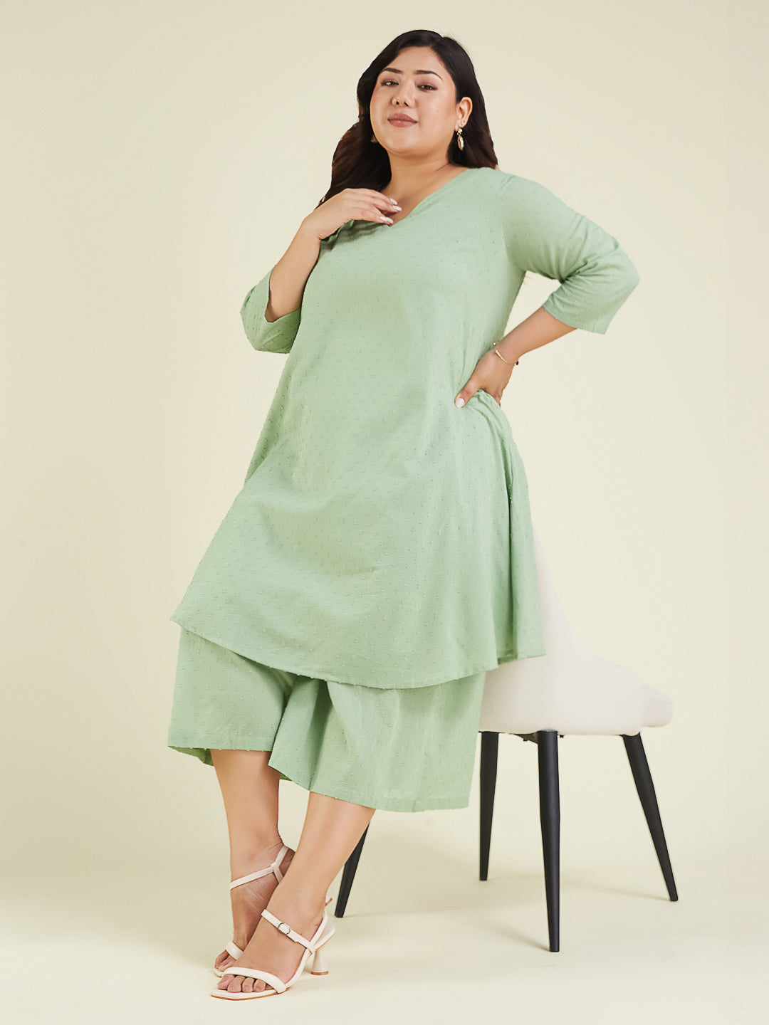 Janasya Light Dobby Cotton Self Design A-Line Top & Bottom Set | Swadesiicart