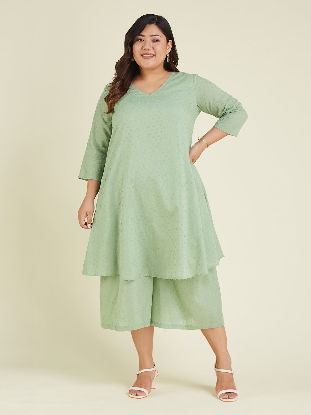 Janasya Light Dobby Cotton Self Design A-Line Top & Bottom Set | Swadesiicart