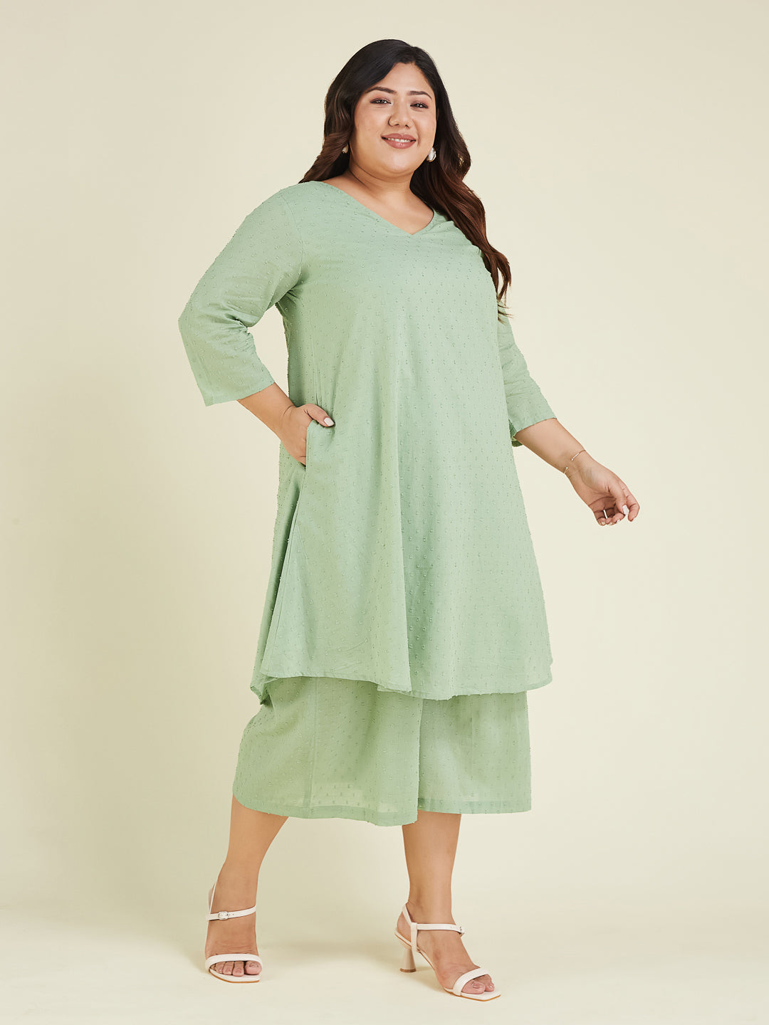 Janasya Light Dobby Cotton Self Design A-Line Top & Bottom Set | Swadesiicart
