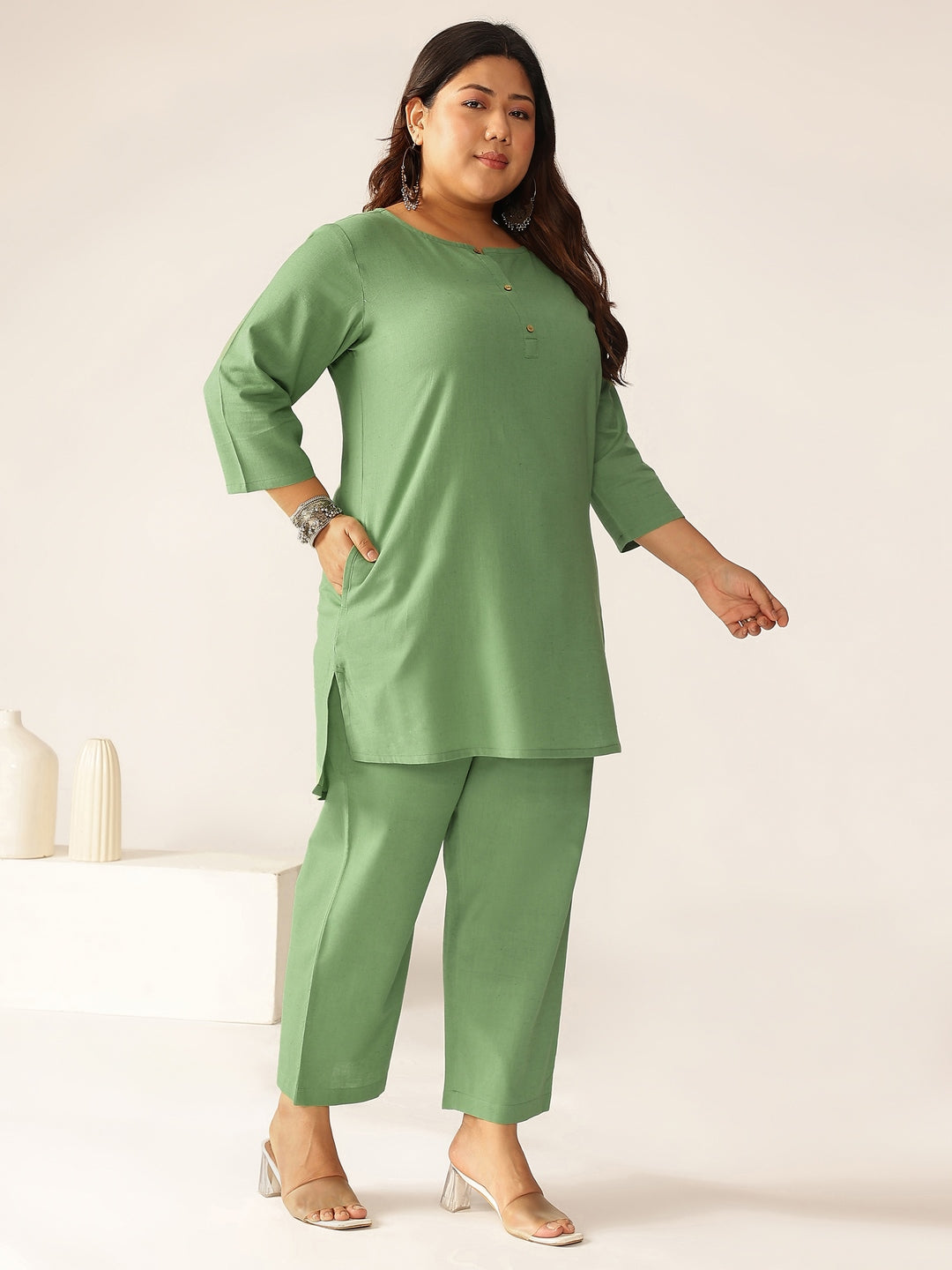 Janasya Dark Cotton Solid A-Line Top & Bottom Set | Swadesiicart