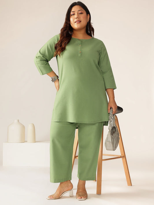 Janasya Dark Cotton Solid A-Line Top & Bottom Set | Swadesiicart