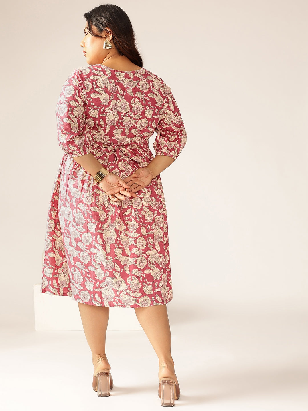 Janasya Dark Cotton Floral Gathered Dress | Swadesiicart