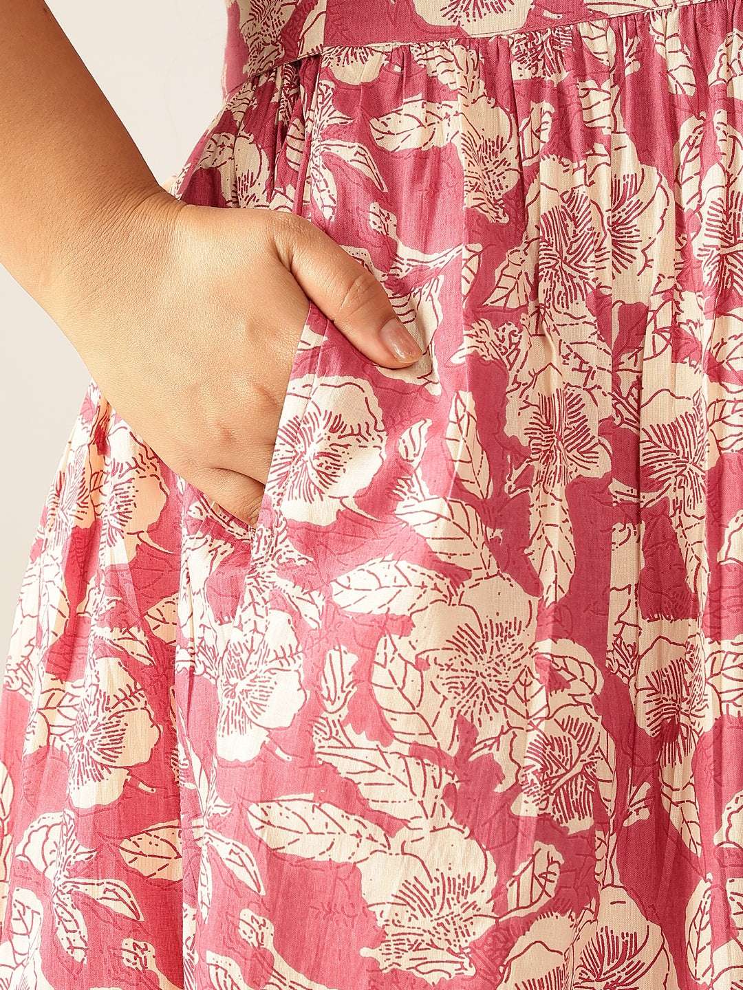 Janasya Dark Cotton Floral Gathered Dress | Swadesiicart