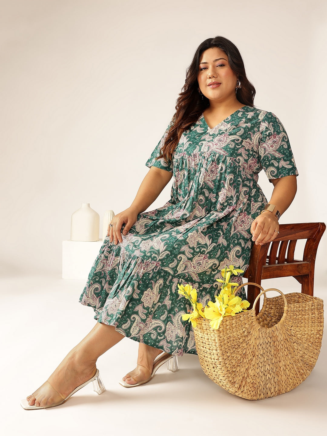 Janasya Dark Cotton Floral Tiered Dress | Swadesiicart