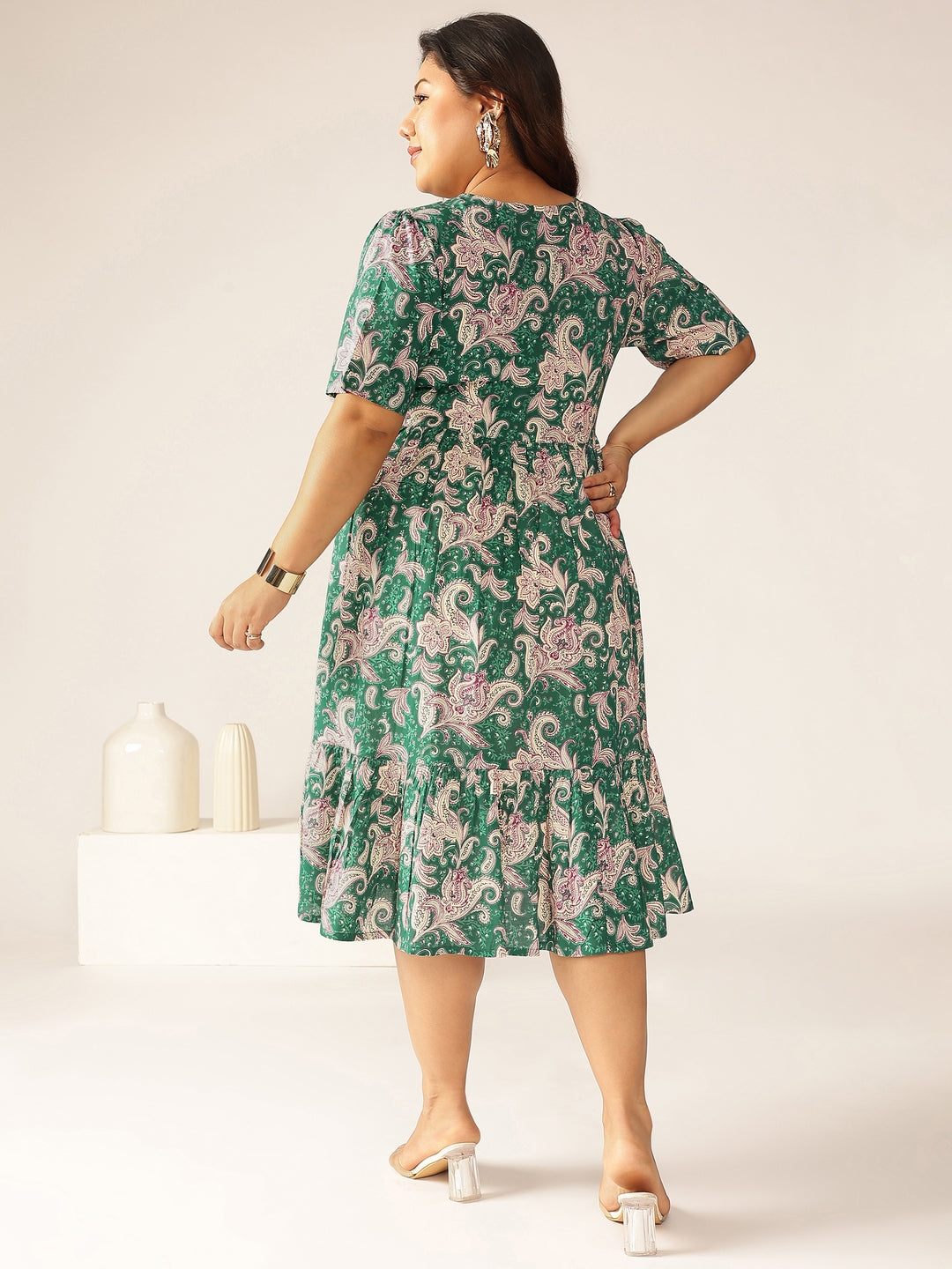 Janasya Dark Cotton Floral Tiered Dress | Swadesiicart