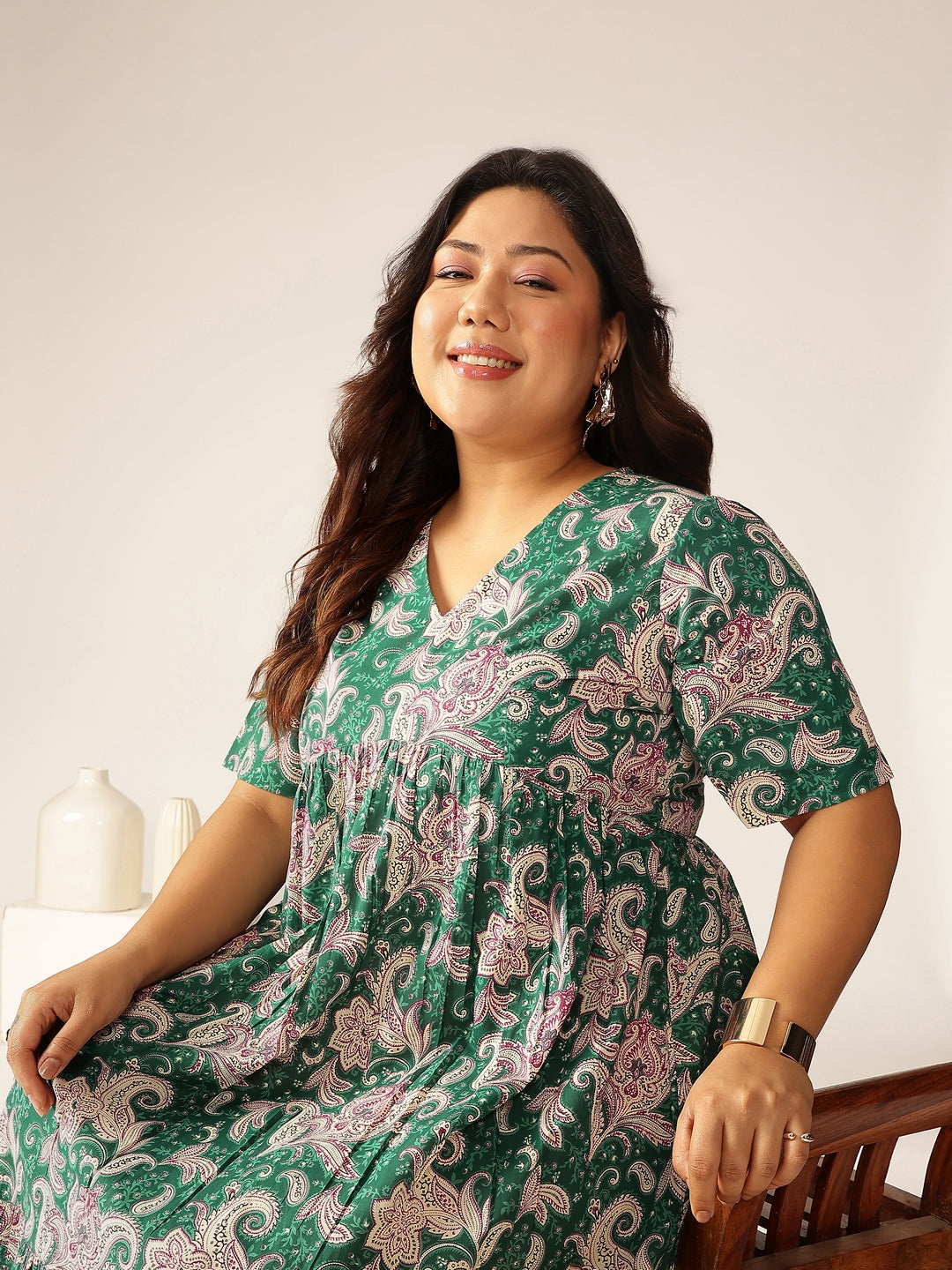 Janasya Dark Cotton Floral Tiered Dress | Swadesiicart