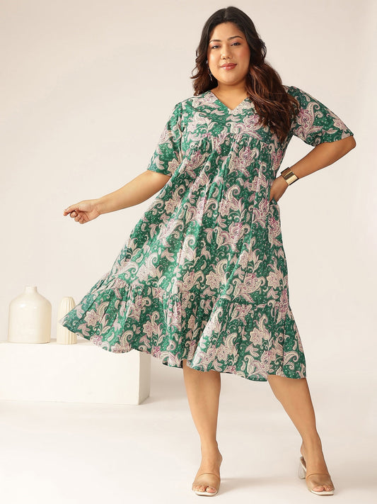 Janasya Dark Cotton Floral Tiered Dress | Swadesiicart