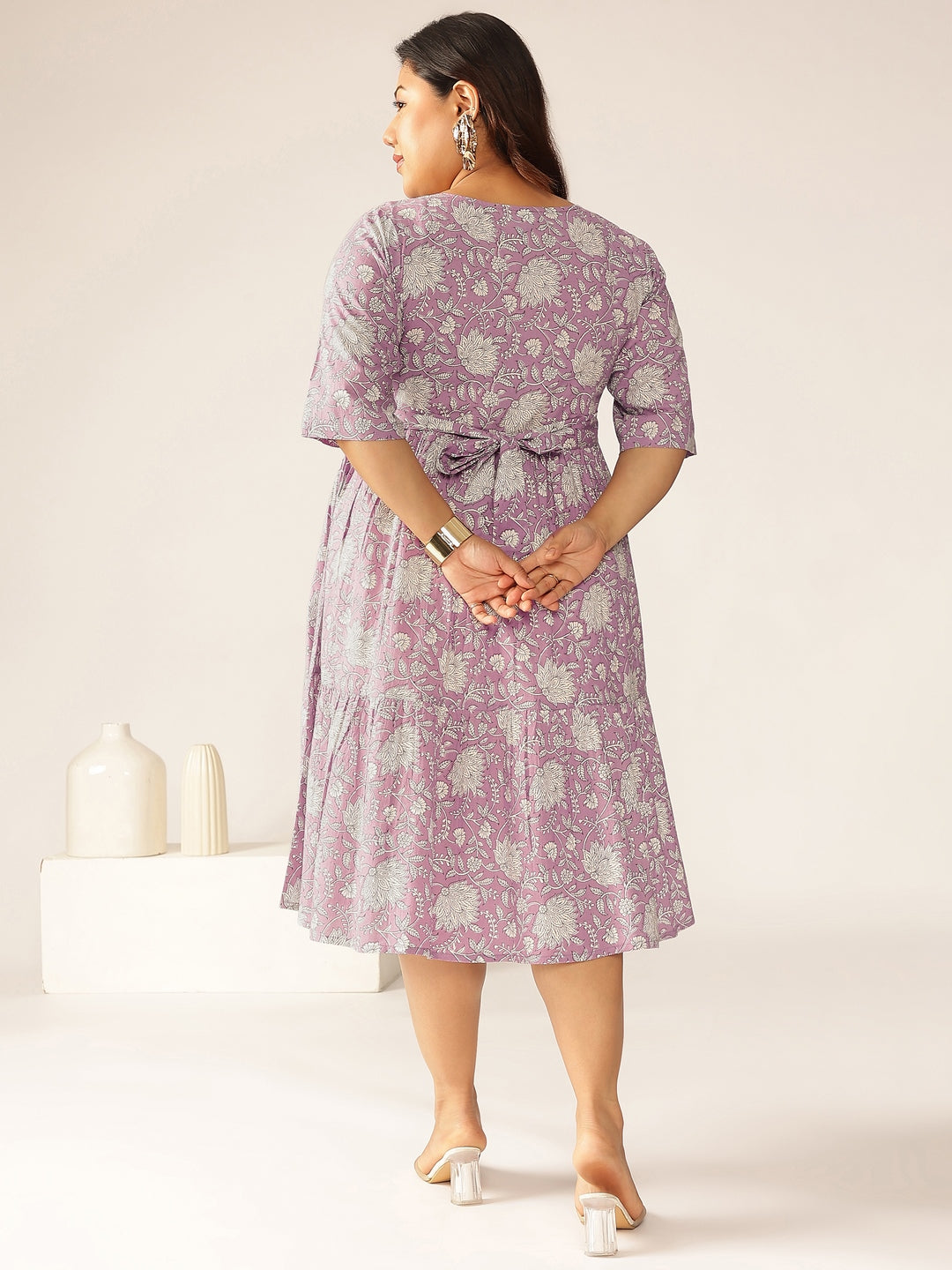 Janasya Light Cotton Floral Tiered Dress | Swadesiicart