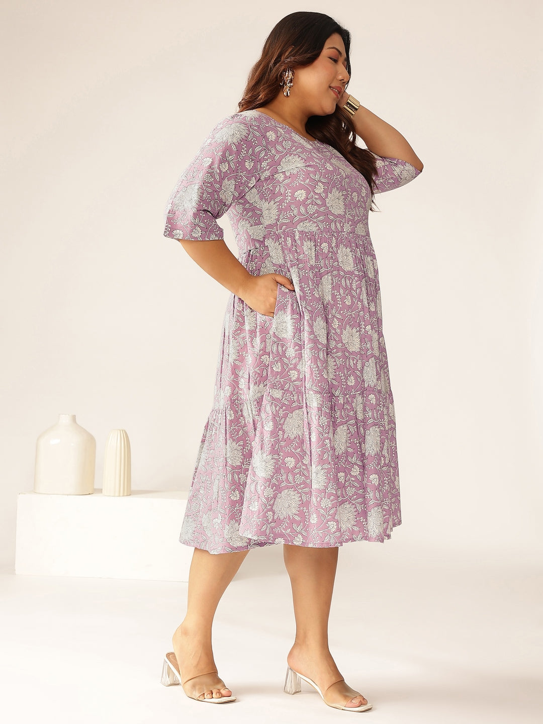 Janasya Light Cotton Floral Tiered Dress | Swadesiicart