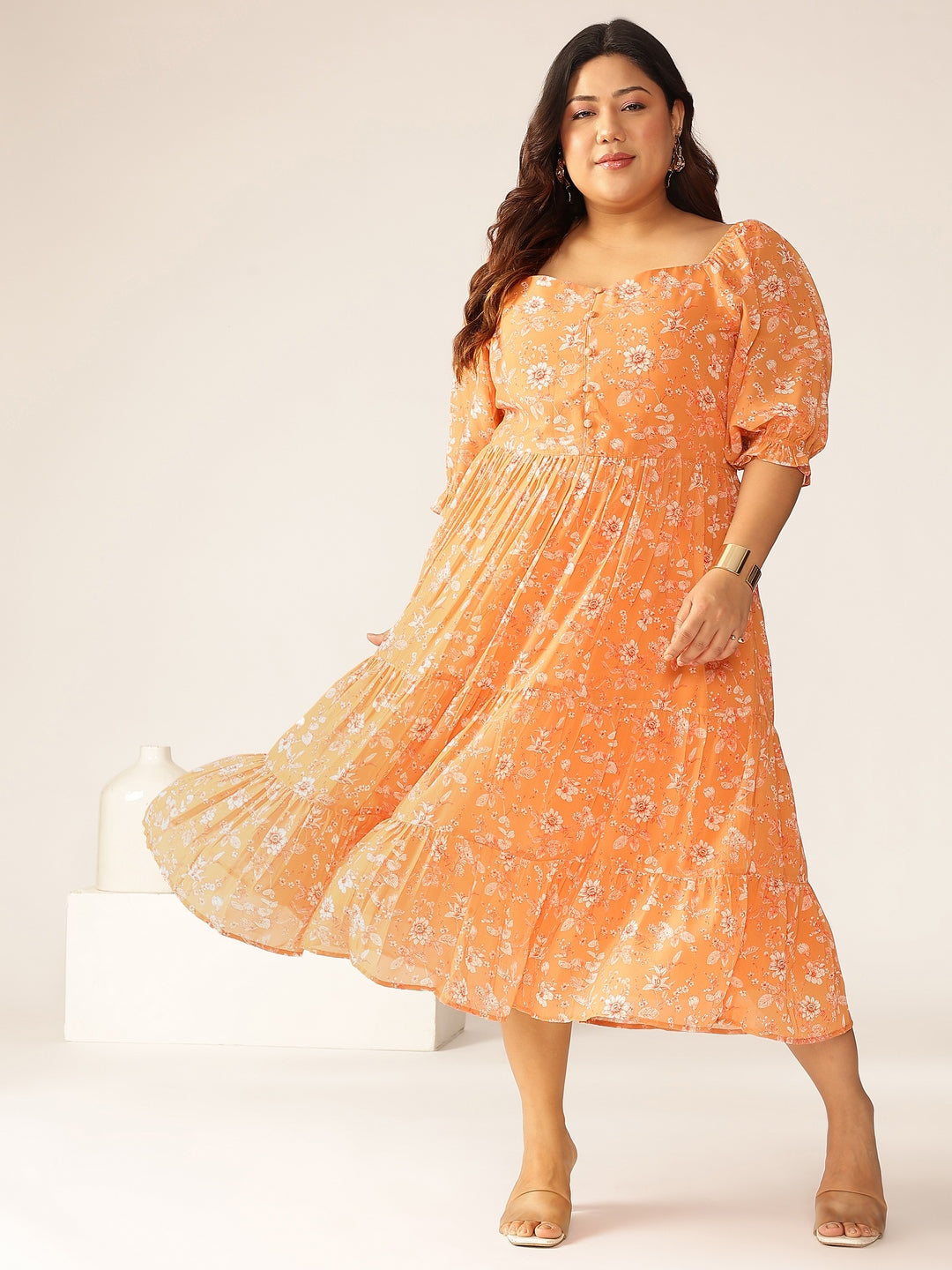 Janasya Bright Georgette Floral Tiered Dress | Swadesiicart