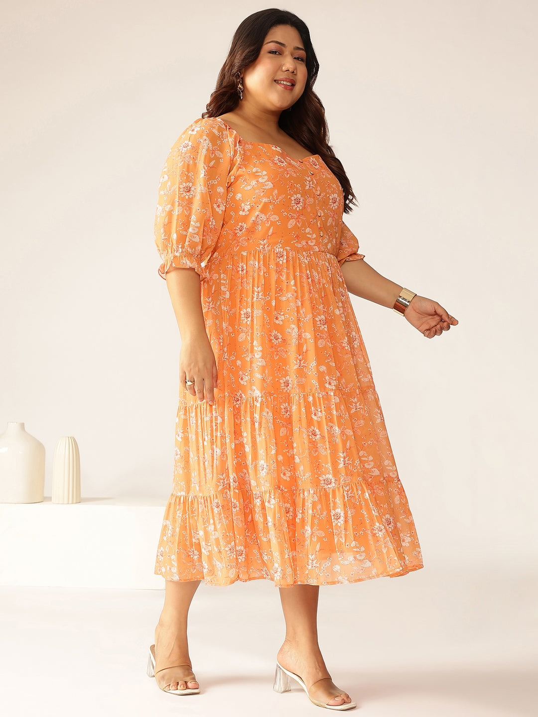 Janasya Bright Georgette Floral Tiered Dress | Swadesiicart