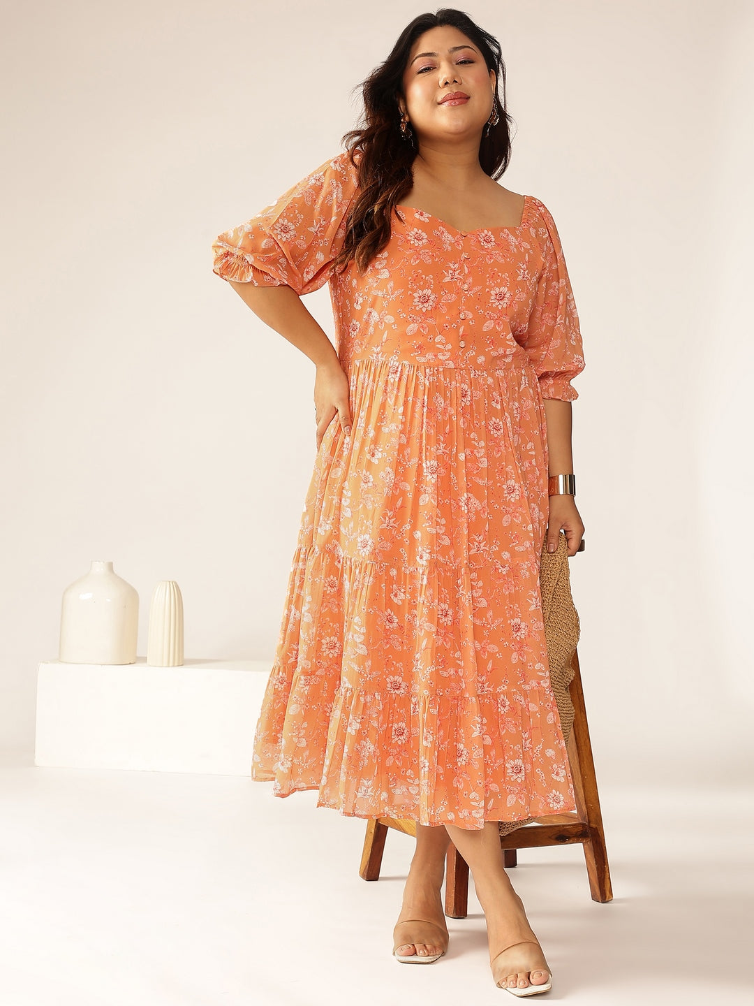 Janasya Bright Georgette Floral Tiered Dress | Swadesiicart