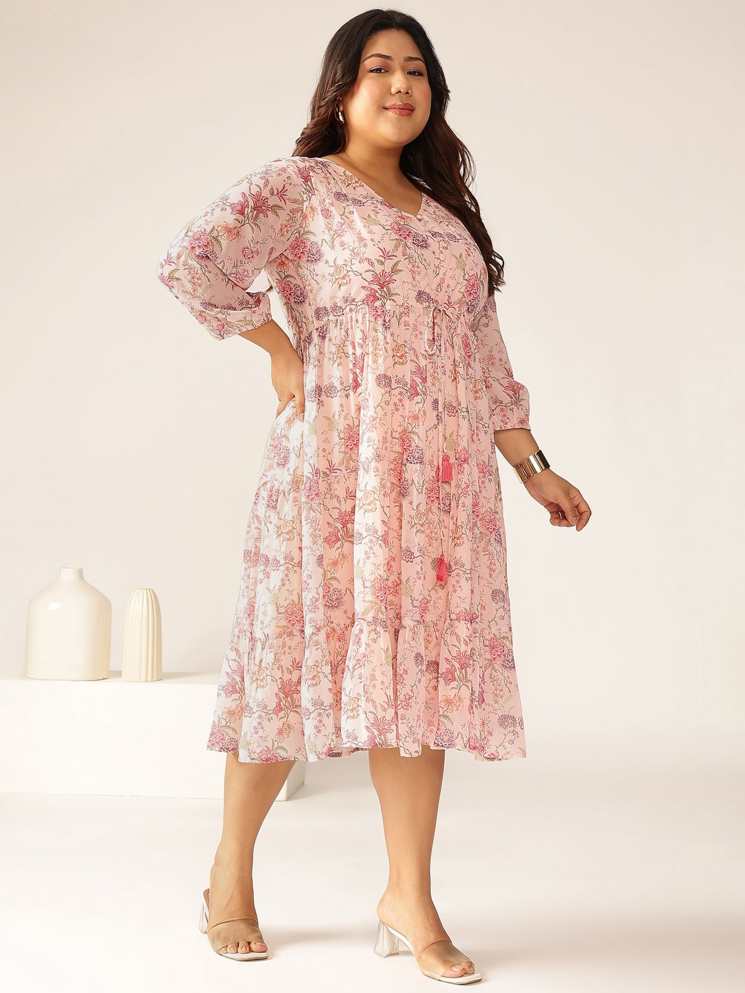 Janasya Light Georgette Floral Tiered Dress | Swadesiicart