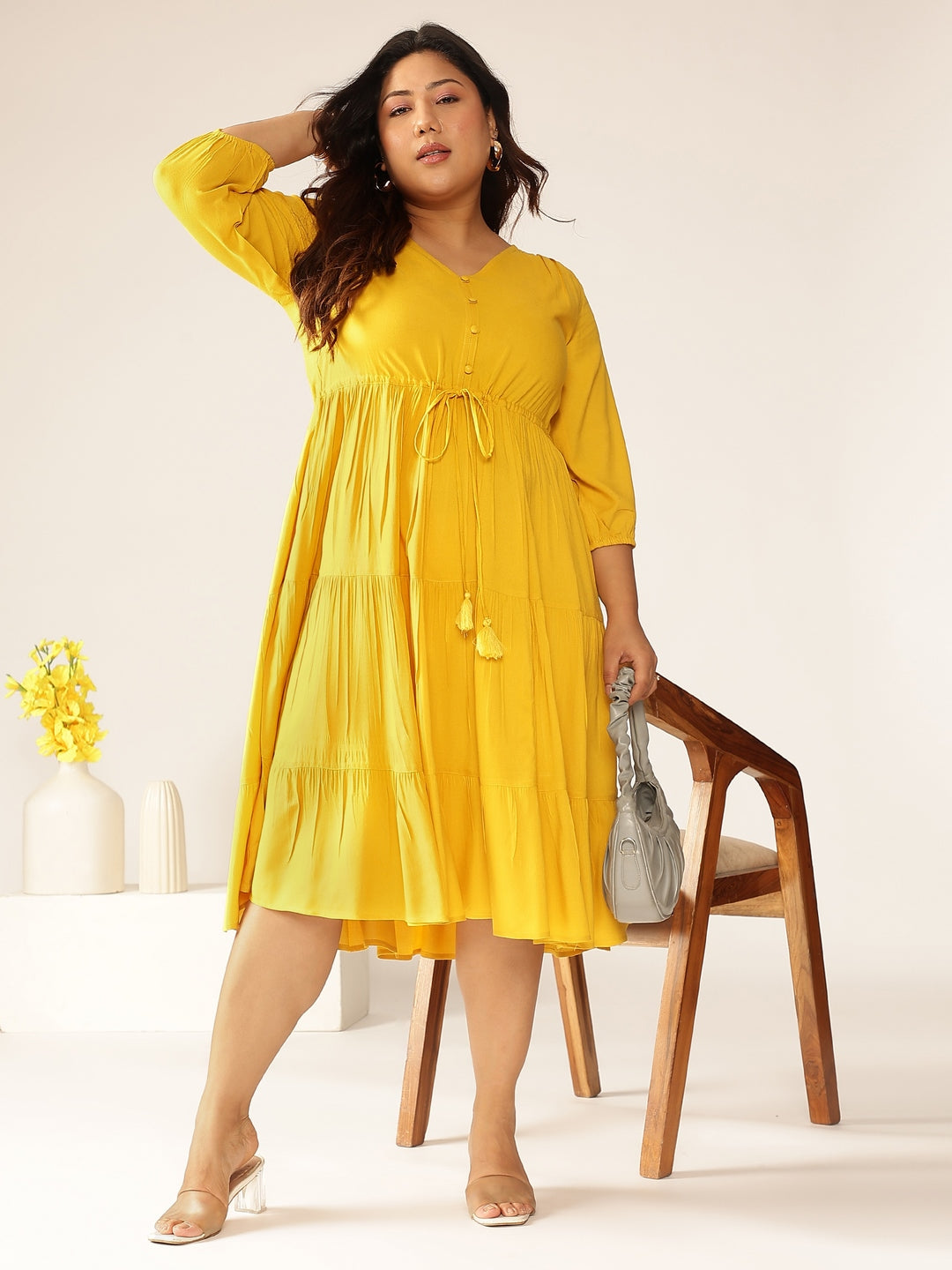 Janasya Dark Rayon Solid Tiered Dress | Swadesiicart