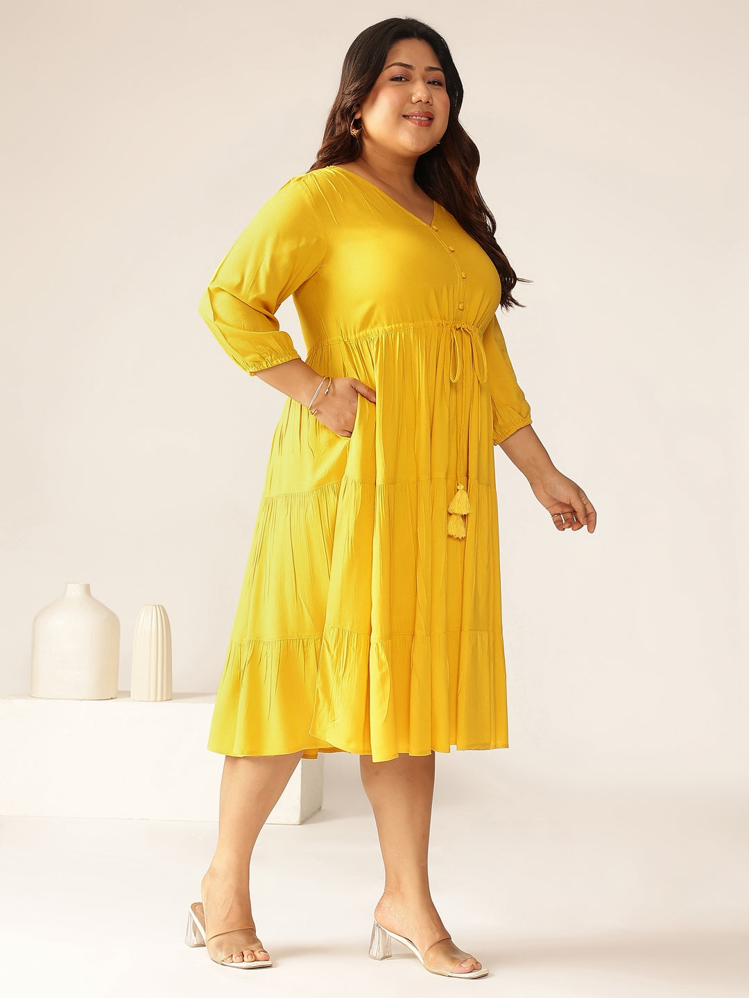 Janasya Dark Rayon Solid Tiered Dress | Swadesiicart