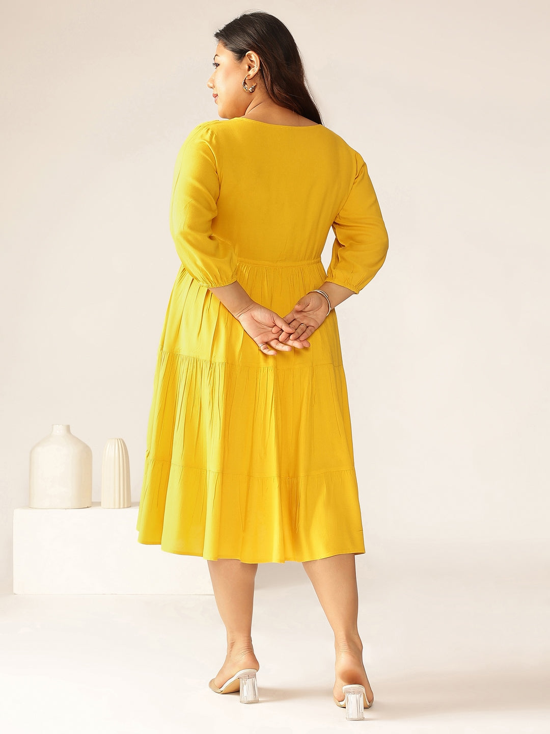 Janasya Dark Rayon Solid Tiered Dress | Swadesiicart