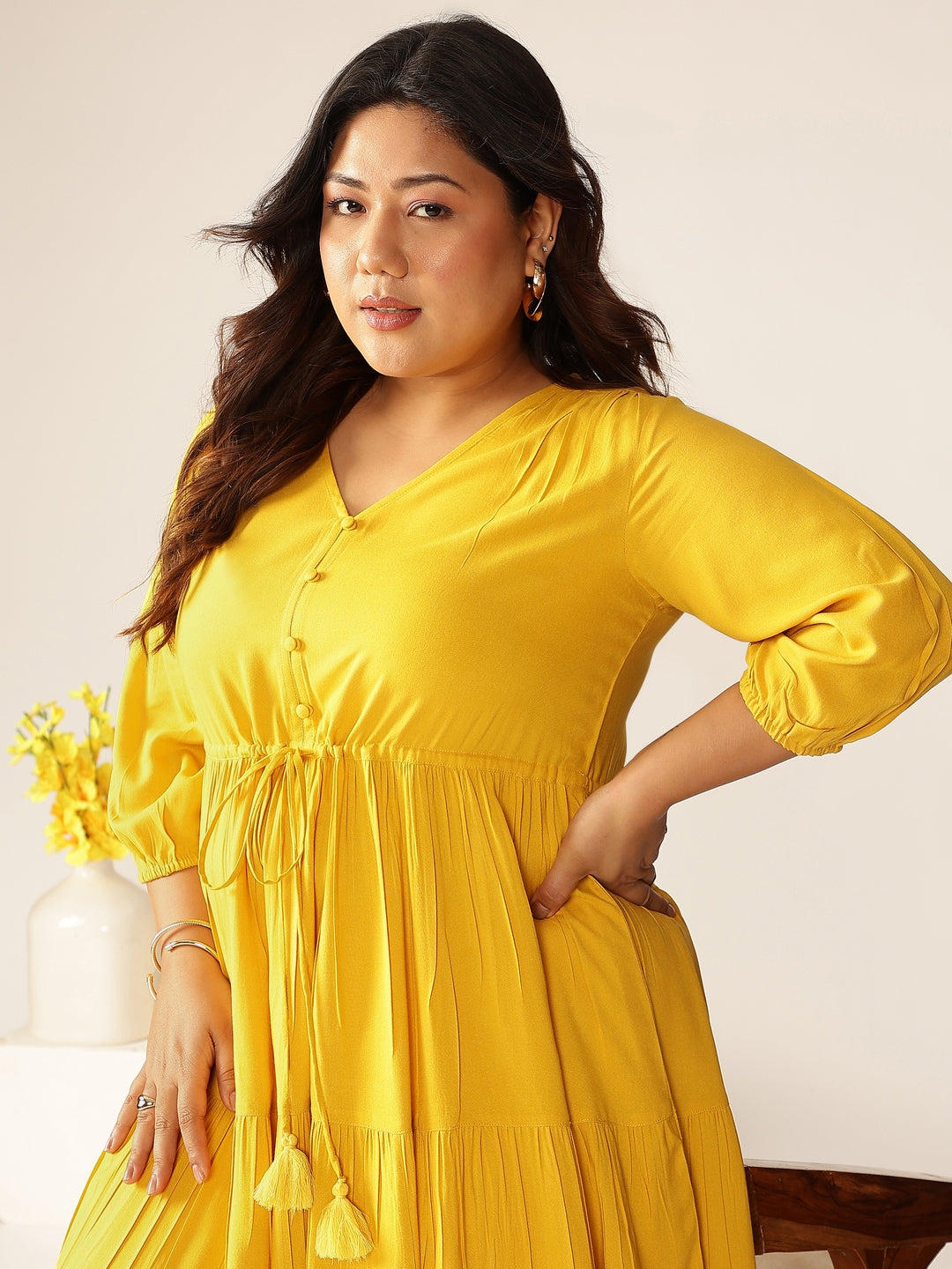 Janasya Dark Rayon Solid Tiered Dress | Swadesiicart