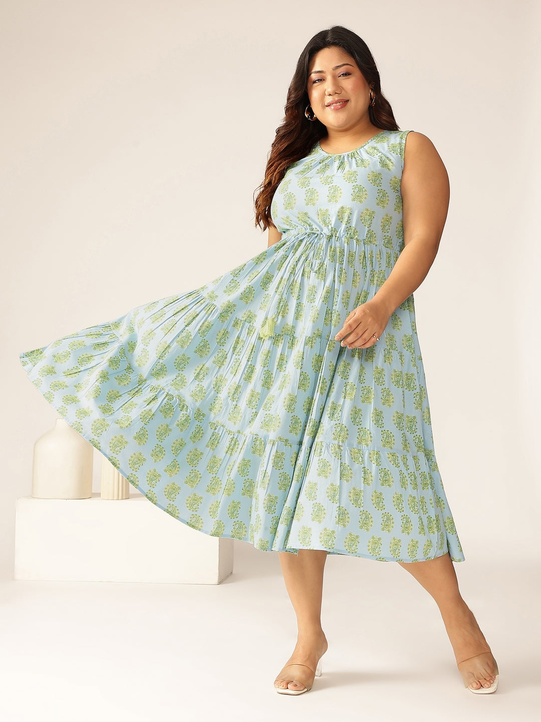 Janasya Light Cotton Ethnic Motifs Tiered Dress | Swadesiicart