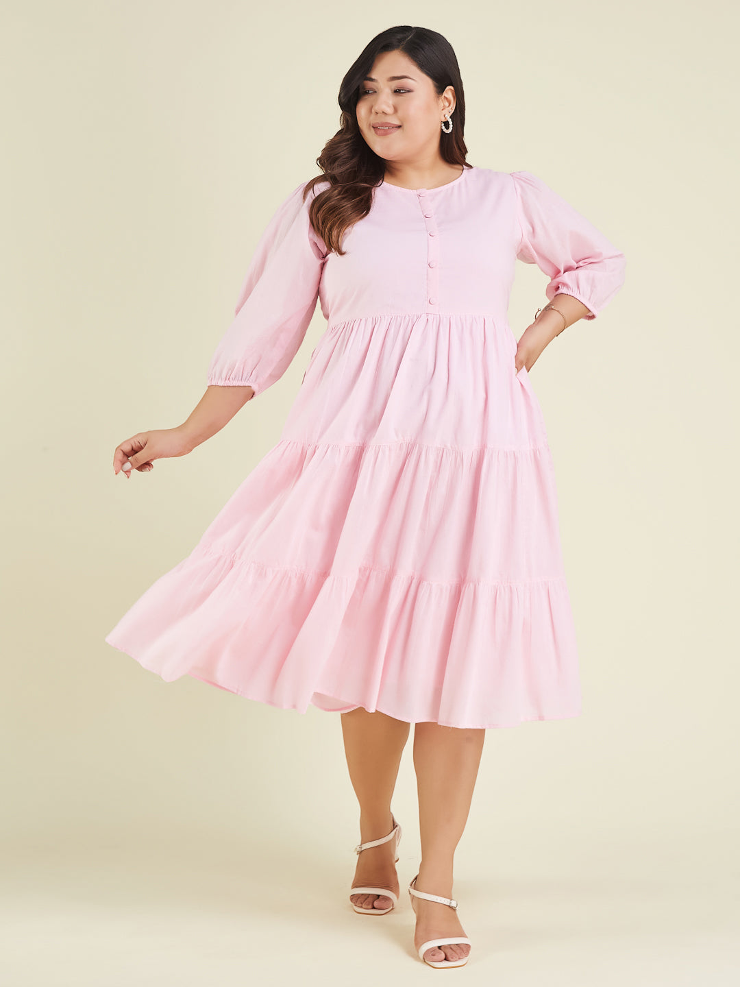 Janasya Cotton Solid Tiered Dress | Swadesiicart