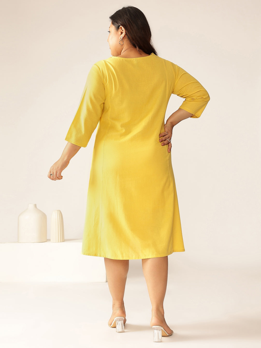 Janasya Bright Cotton Solid A-Line Dress | Swadesiicart