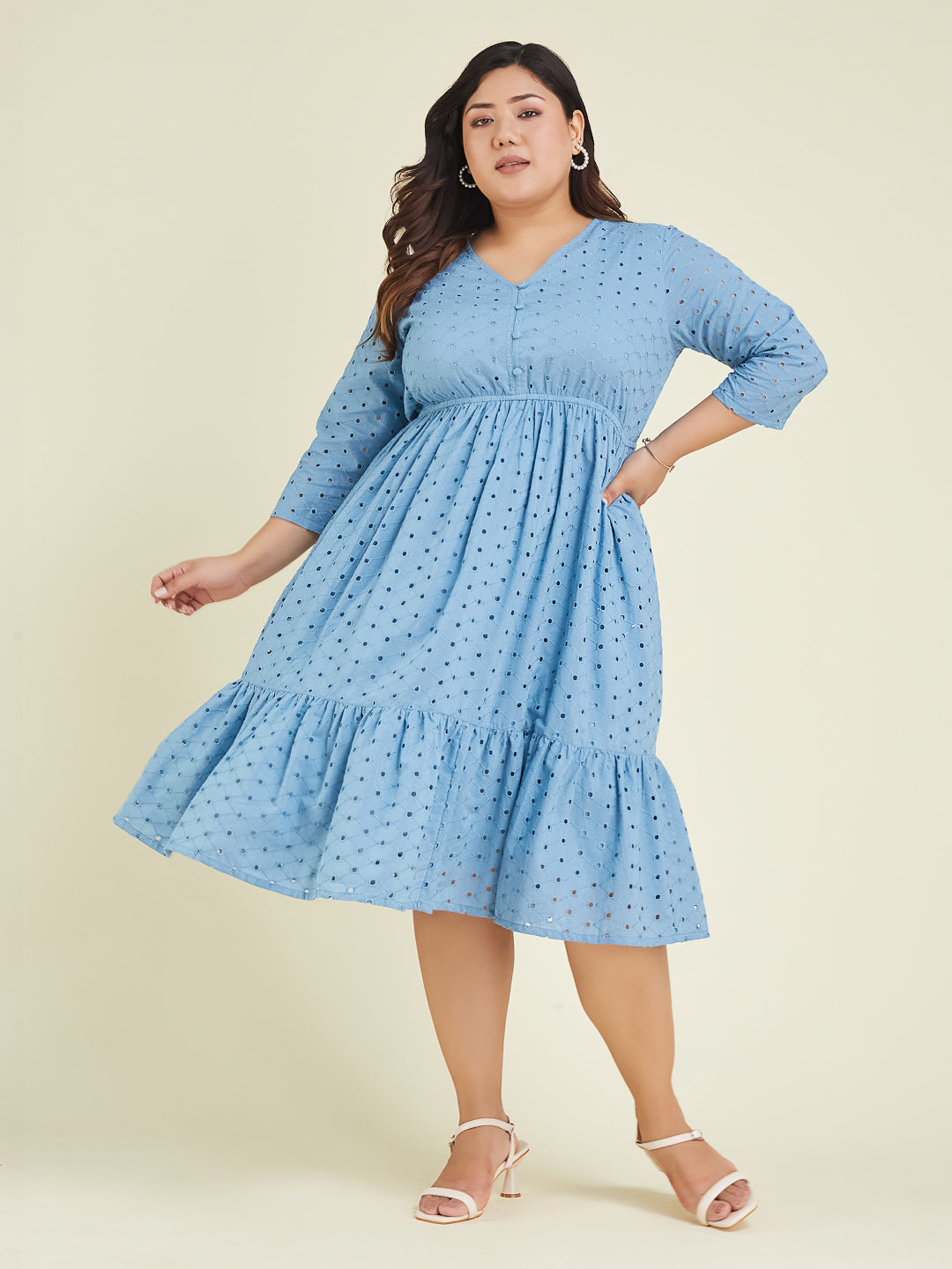 Janasya Light Cotton Schiffli Fit & Flare Dress | Swadesiicart