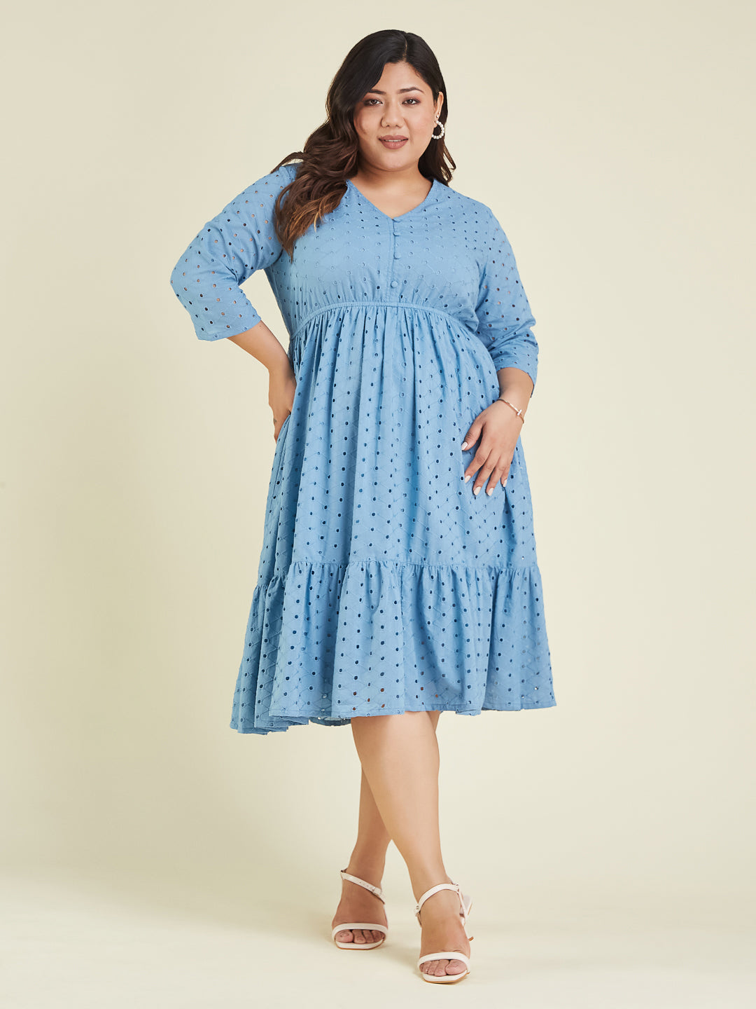 Janasya Light Cotton Schiffli Fit & Flare Dress | Swadesiicart