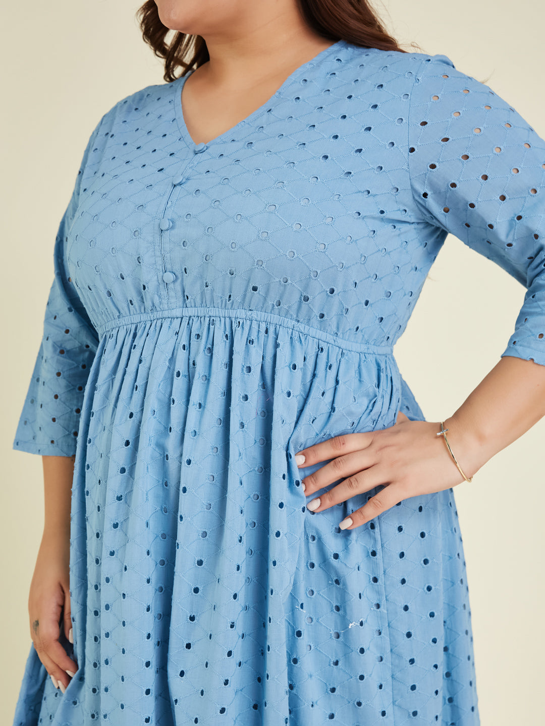 Janasya Light Cotton Schiffli Fit & Flare Dress | Swadesiicart