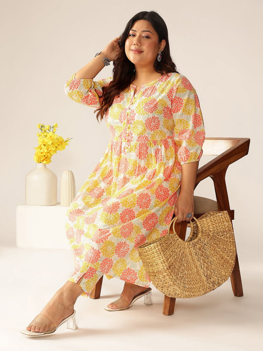 Janasya Light Cotton Floral A-Line Kurta Set | Swadesiicart