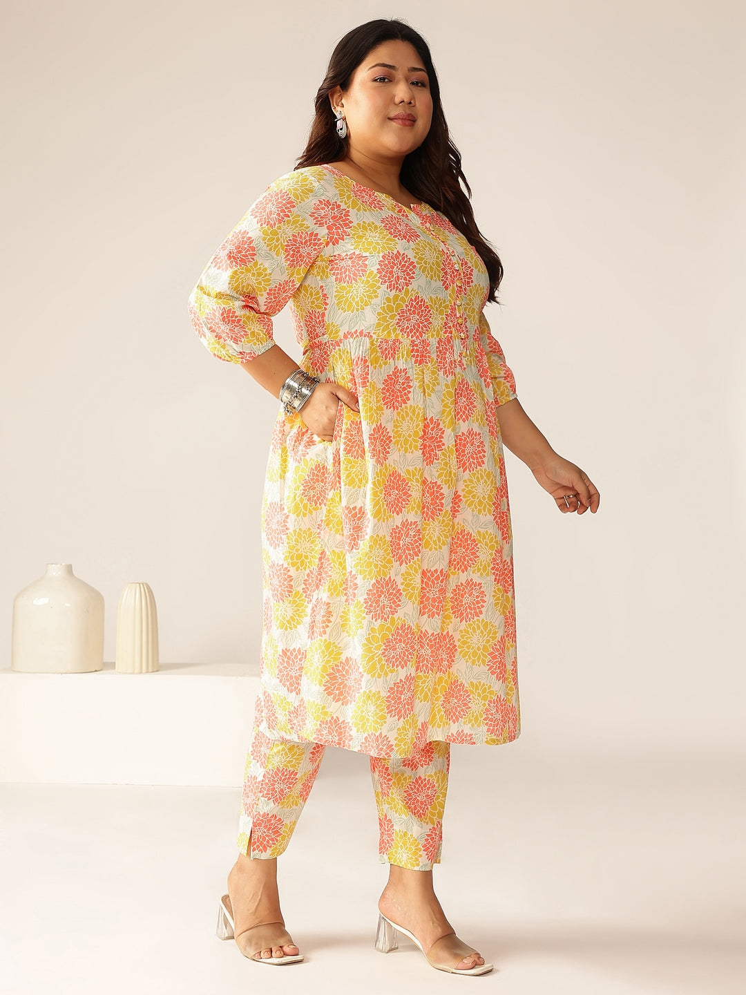 Janasya Light Cotton Floral A-Line Kurta Set | Swadesiicart