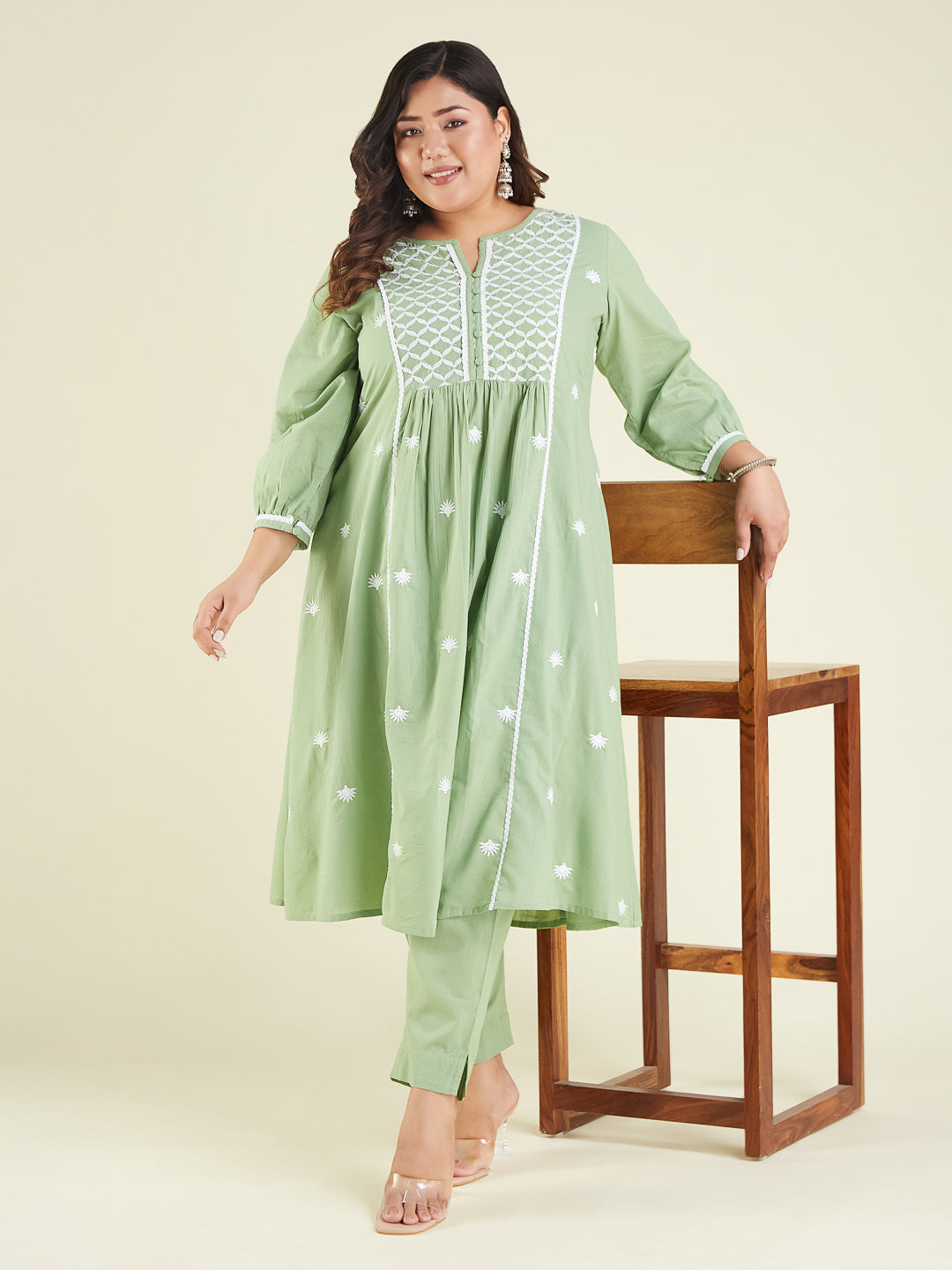 Janasya Light Cotton Embroidered A-Line Kurta Set | Swadesiicart
