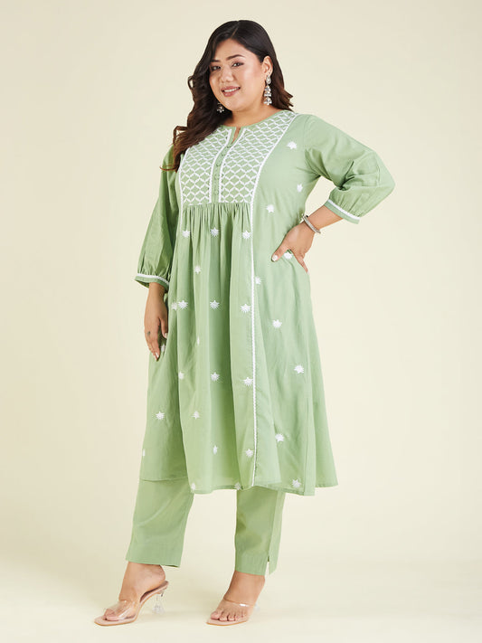 Janasya Light Cotton Embroidered A-Line Kurta Set | Swadesiicart