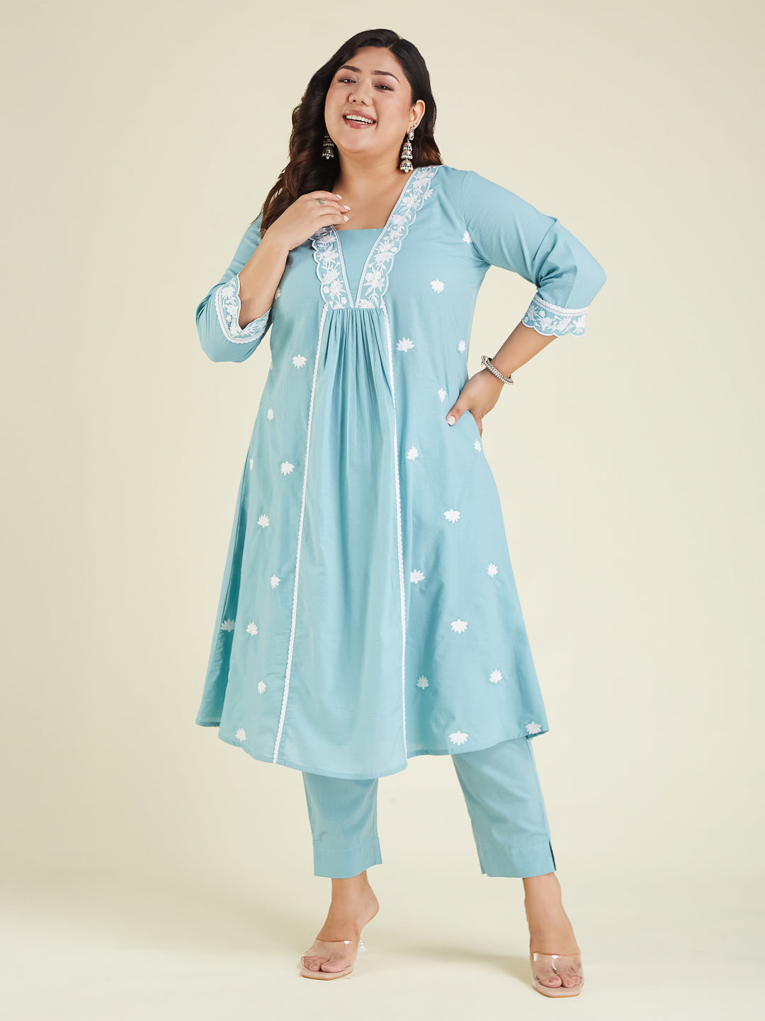 Janasya Light Cotton Embroidered A-Line Kurta Set | Swadesiicart