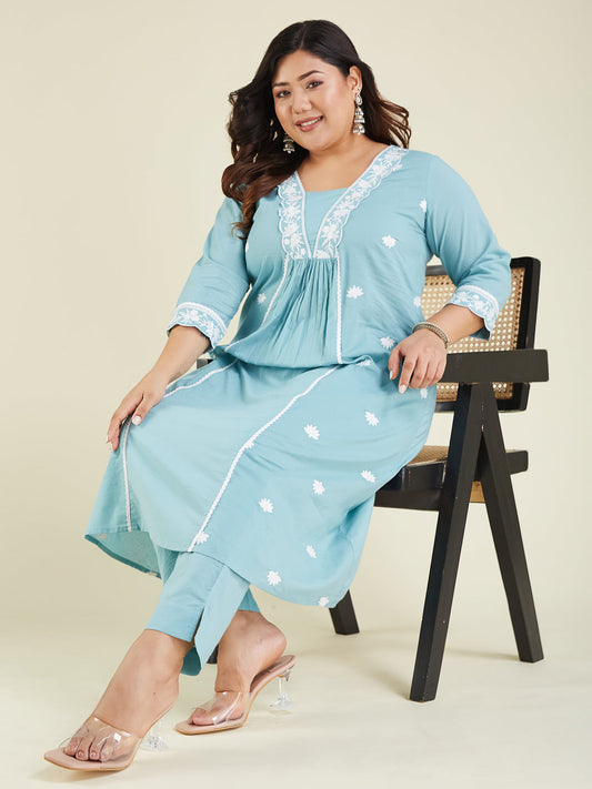 Janasya Light Cotton Embroidered A-Line Kurta Set | Swadesiicart