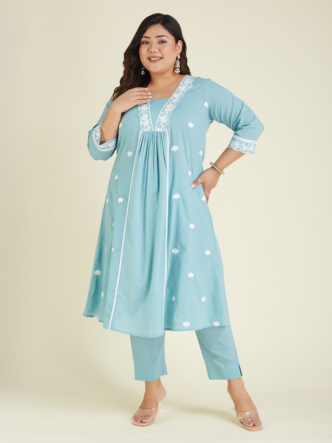 Janasya Light Cotton Embroidered A-Line Kurta Set | Swadesiicart